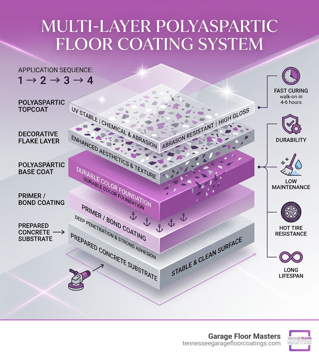 Multi-layer polyaspartic floor coating system diagram showing primer, base coat, flake layer, and topcoat - polyaspartic Multi-layer polyaspartic floor coating system diagram showing primer, base coat, flake layer, and topcoat - polyaspartic