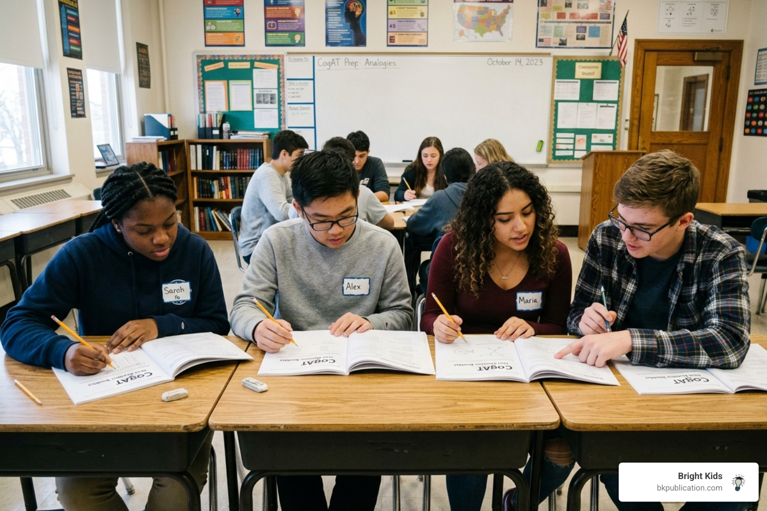 High school students reviewing CogAT test booklets and practicing reasoning skills - High school CogAT levels 13-18