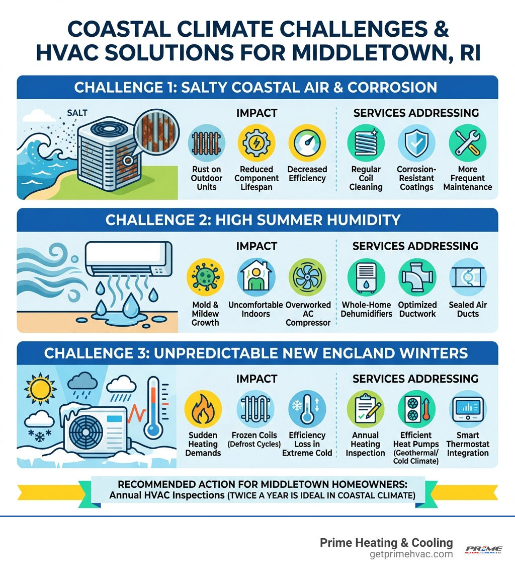 Infographic showing how Middletown RI coastal climate impacts HVAC systems and what services address each challenge - hvac Infographic showing how Middletown RI coastal climate impacts HVAC systems and what services address each challenge - hvac