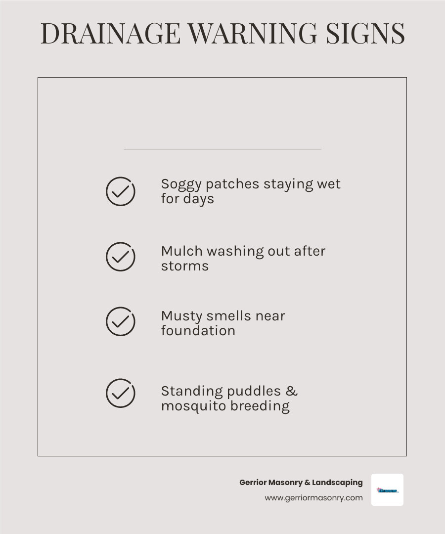 Infographic showing common backyard drainage warning signs and quick fixes - backyard landscaping drainage infographic