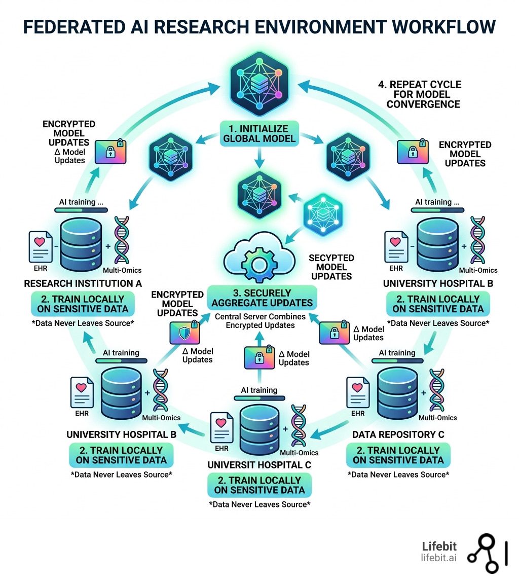 Federated AI research environment workflow: local training, encrypted updates, global aggregation - federated AI research