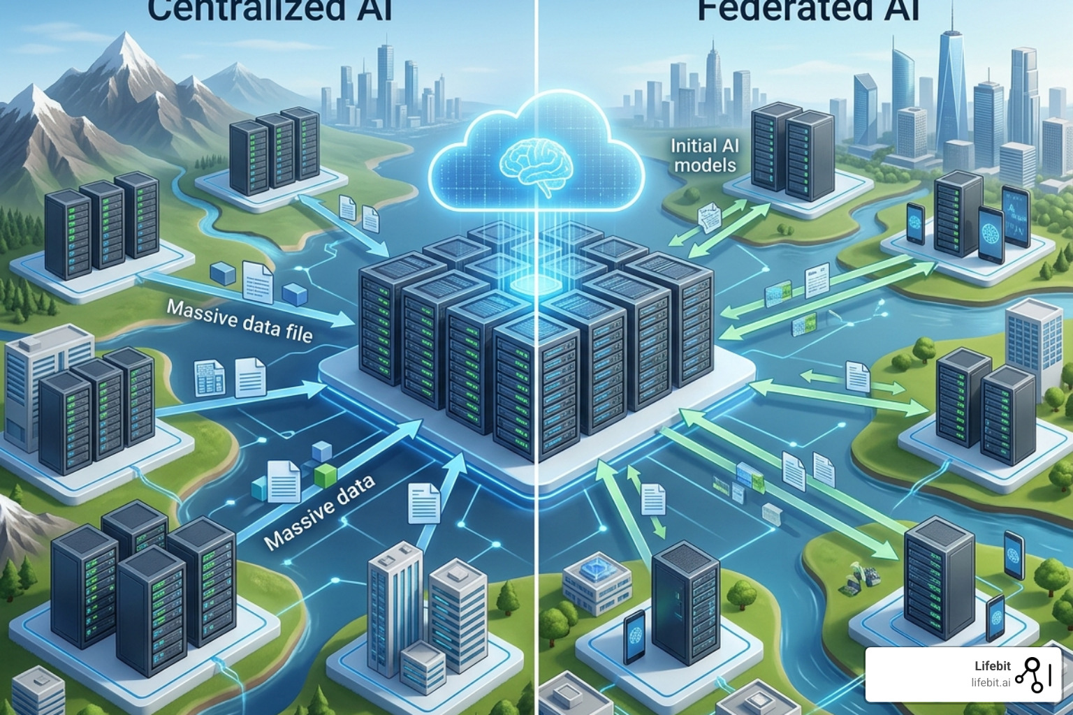 Comparison of centralized vs federated AI: data movement vs in-place training - federated AI research environment