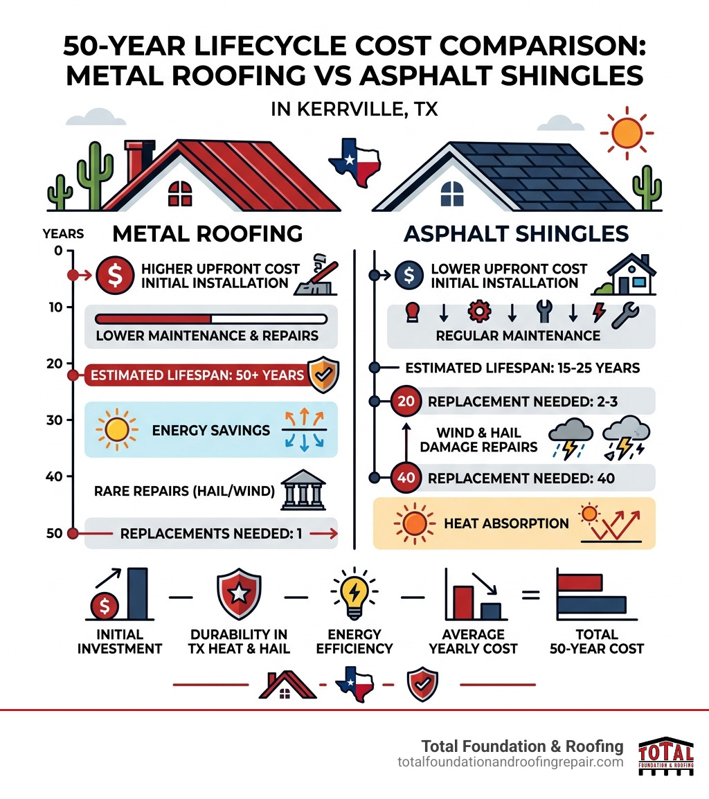 50-year lifecycle cost comparison: metal roofing vs asphalt shingles in Kerrville TX - metal roofing prices Kerrville