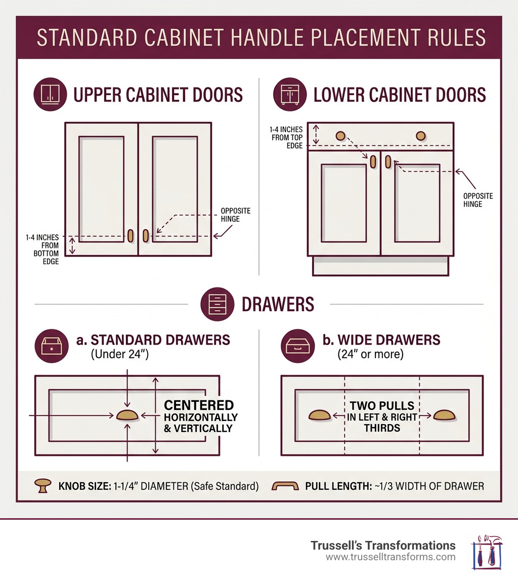 Infographic Showing Standard Cabinet Handle Placement Rules For Doors, Drawers, And Wide Drawers - Placing Cabinet Handles