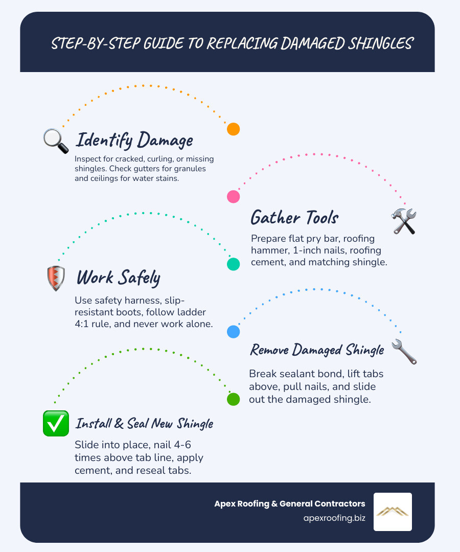 Infographic showing step-by-step process for replacing damaged shingles on an asphalt roof - replacing damaged shingles