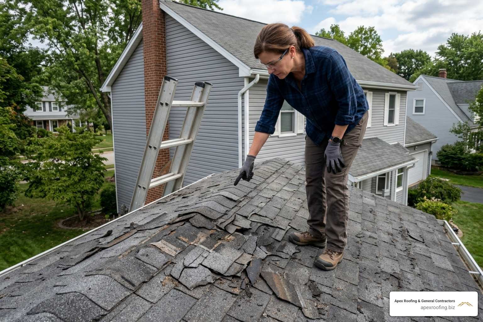 homeowner inspecting damaged asphalt shingles on a roof - replacing damaged shingles