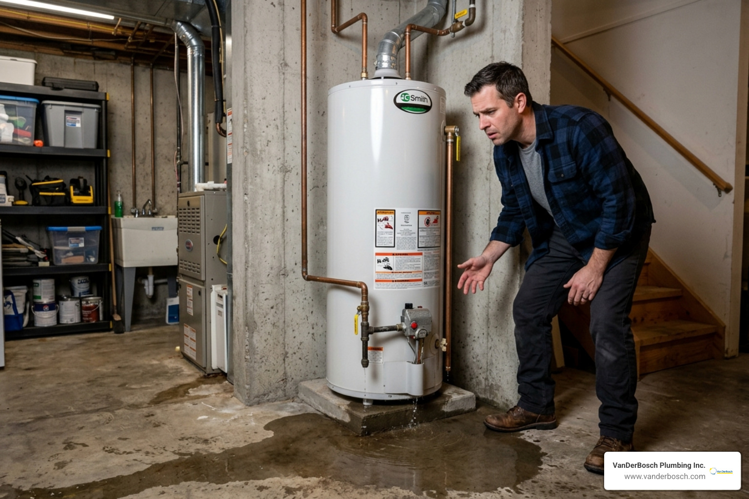 homeowner looking at a leaking water tank in a basement - water heater repair homeowner looking at a leaking water tank in a basement - water heater repair