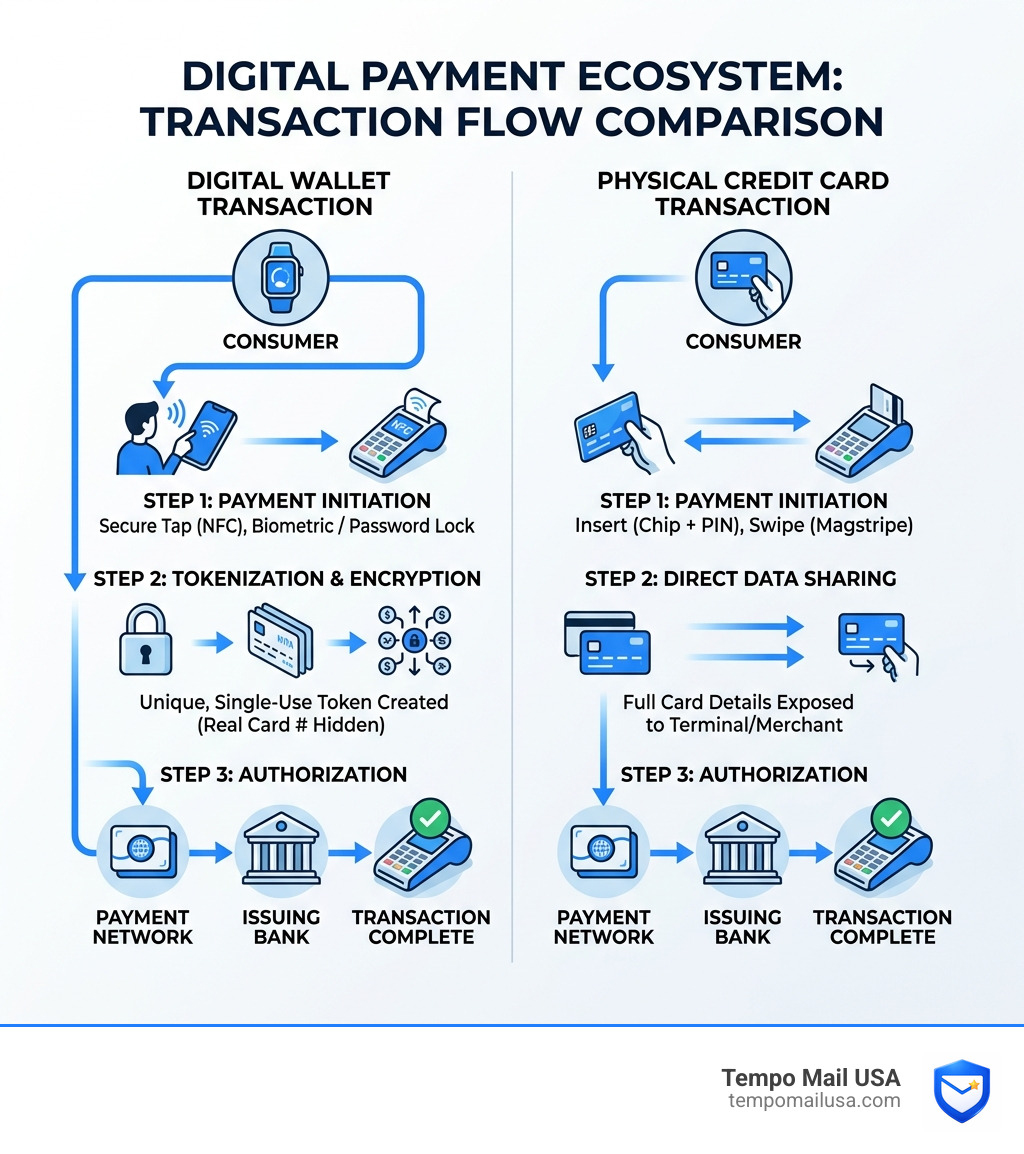 Digital payment ecosystem infographic showing transaction flow for digital wallets vs credit cards - advantages of digital Digital payment ecosystem infographic showing transaction flow for digital wallets vs credit cards - advantages of digital