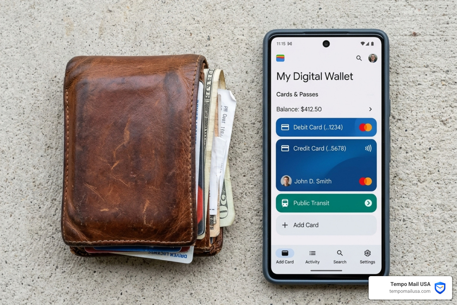 Physical leather wallet next to a modern smartphone showing digital wallet app - advantages of digital wallet vs credit card Physical leather wallet next to a modern smartphone showing digital wallet app - advantages of digital wallet vs credit card