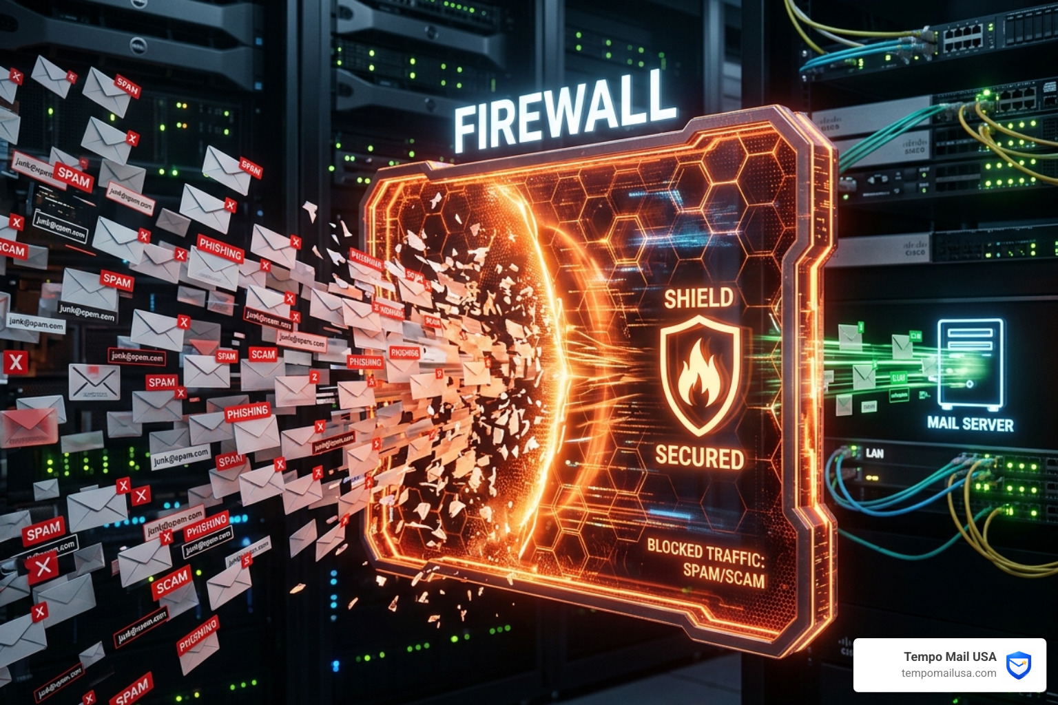 firewall icon blocking a spray of spam emails - why choose a p2p payment service your friends use