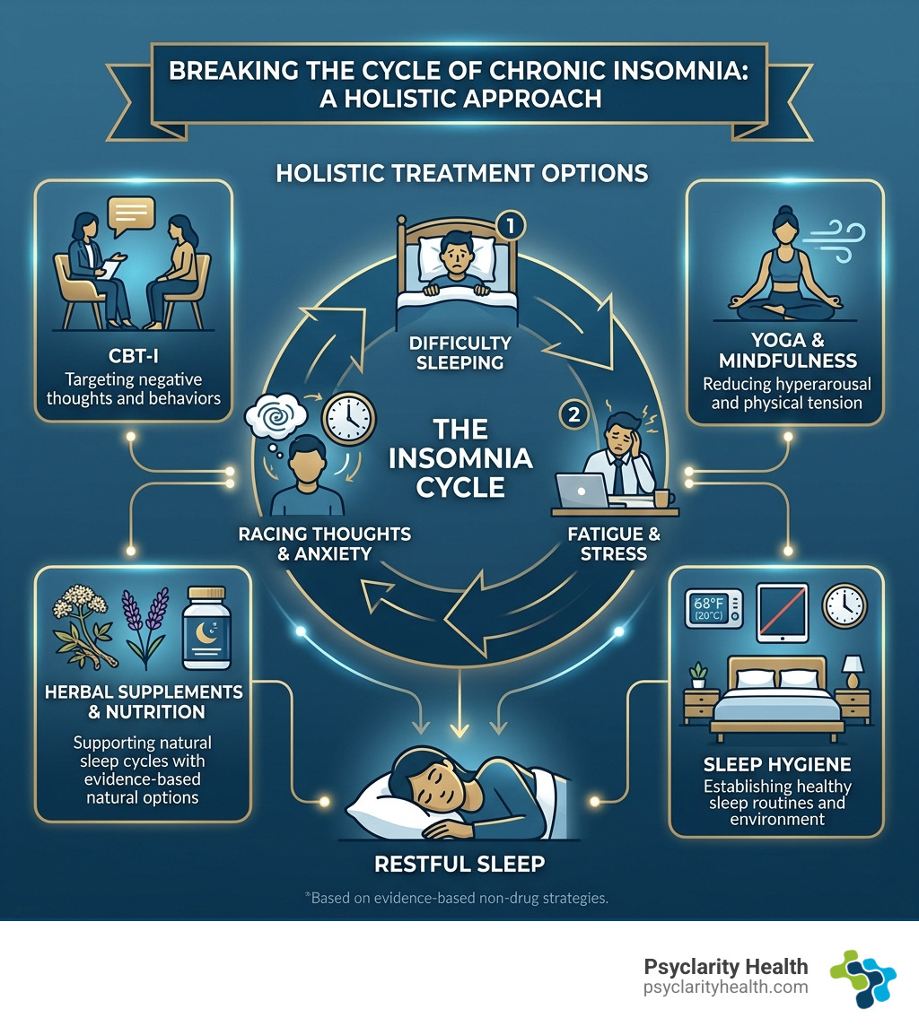 Infographic showing the cycle of chronic insomnia and holistic treatment options including CBT-I, yoga, supplements, and