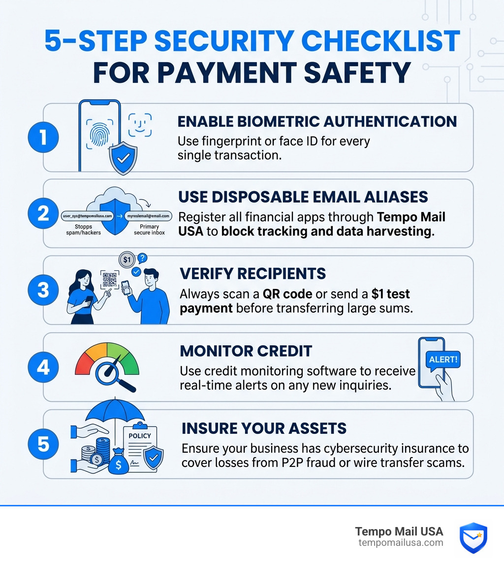 Infographic showing a 5-step security checklist for payment safety - pros and cons of p2p payments vs cash or checks Infographic showing a 5-step security checklist for payment safety - pros and cons of p2p payments vs cash or checks