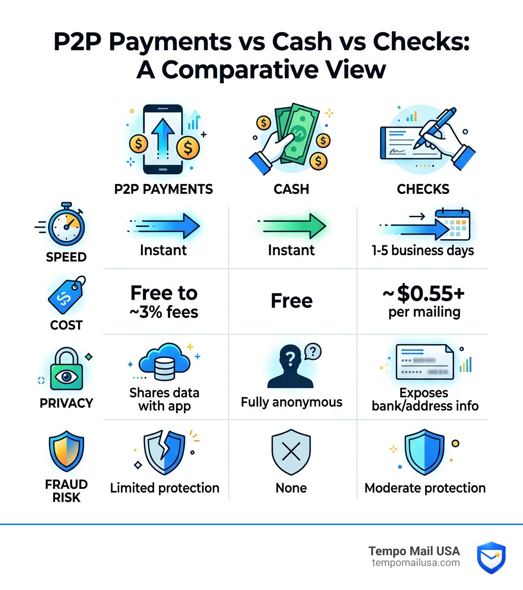 Infographic comparing P2P payments vs cash vs checks on speed, cost, privacy, and fraud risk - pros and cons of p2p payments Infographic comparing P2P payments vs cash vs checks on speed, cost, privacy, and fraud risk - pros and cons of p2p payments