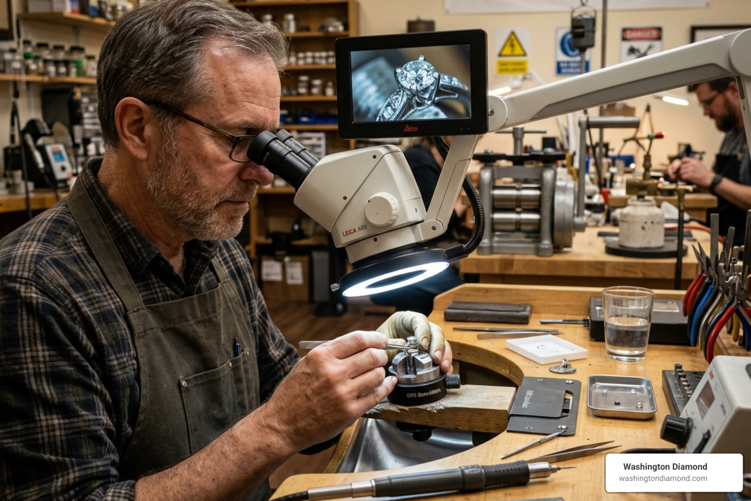 A master jeweler carefully restoring a diamond engagement ring under a microscope - Local jewelry repair