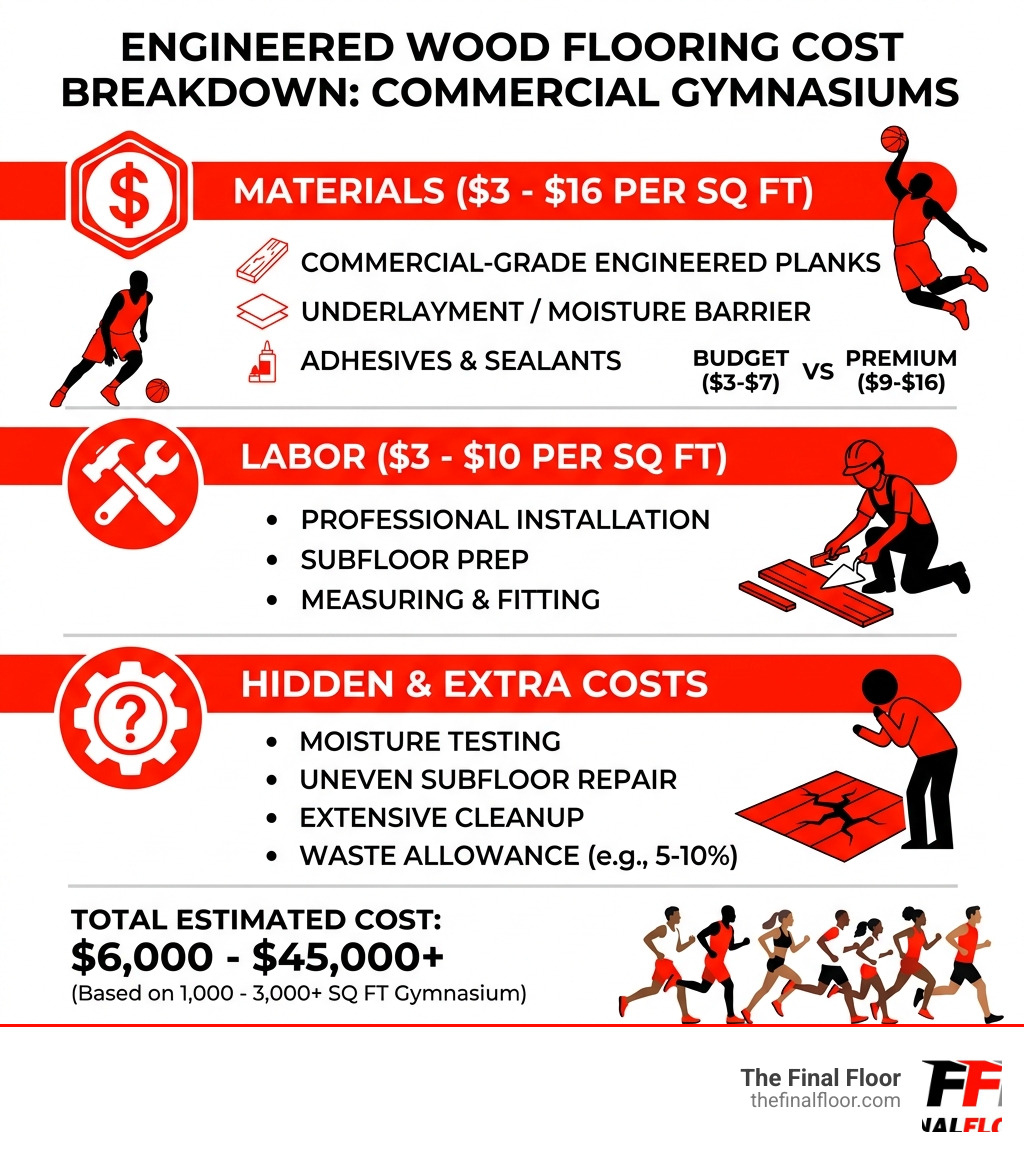 Infographic showing engineered wood flooring cost breakdown for commercial gymnasiums including materials, labor, and hidden Infographic showing engineered wood flooring cost breakdown for commercial gymnasiums including materials, labor, and hidden