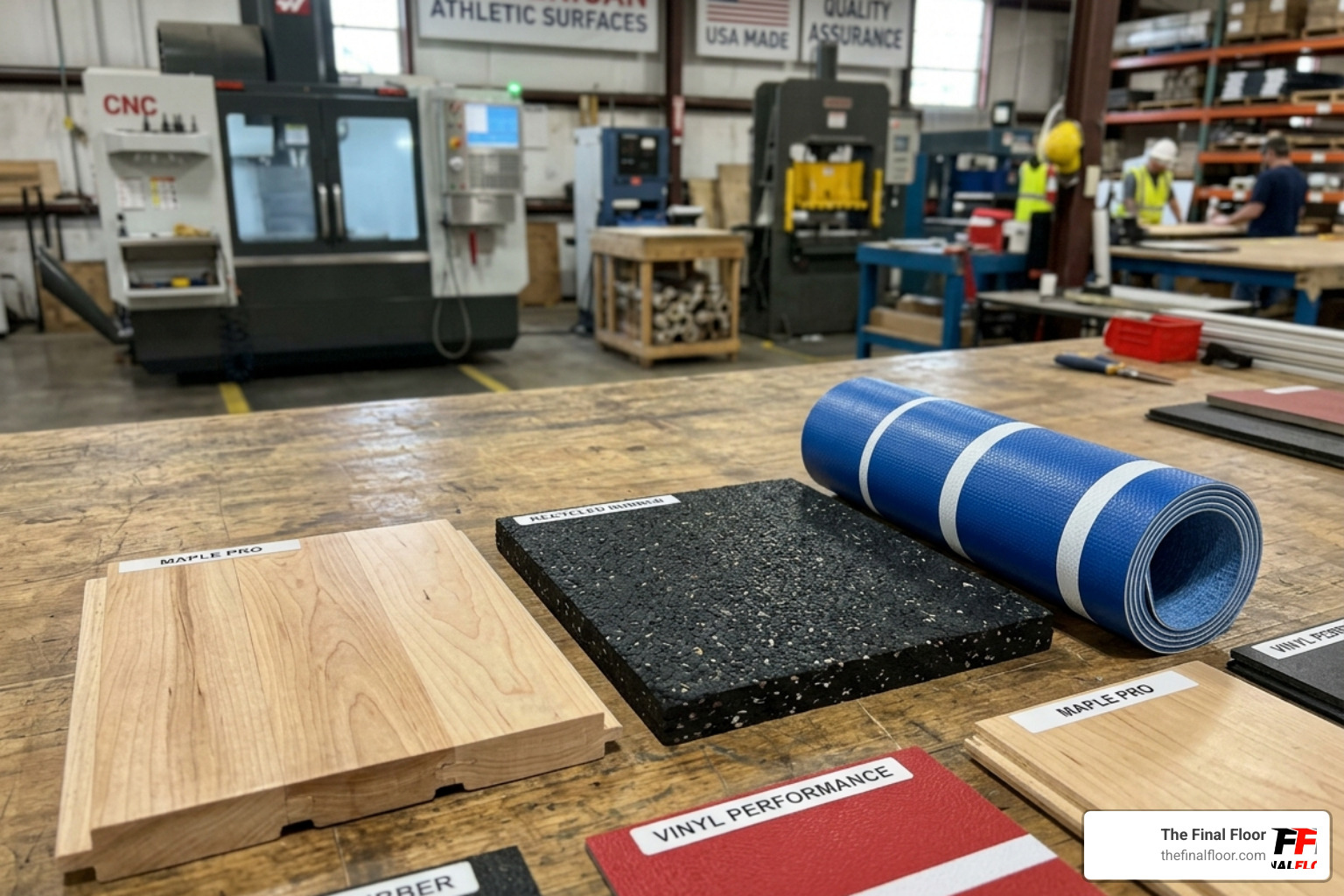 Various sports flooring material samples including wood, rubber, and synthetic vinyl - Sports flooring solutions Various sports flooring material samples including wood, rubber, and synthetic vinyl - Sports flooring solutions