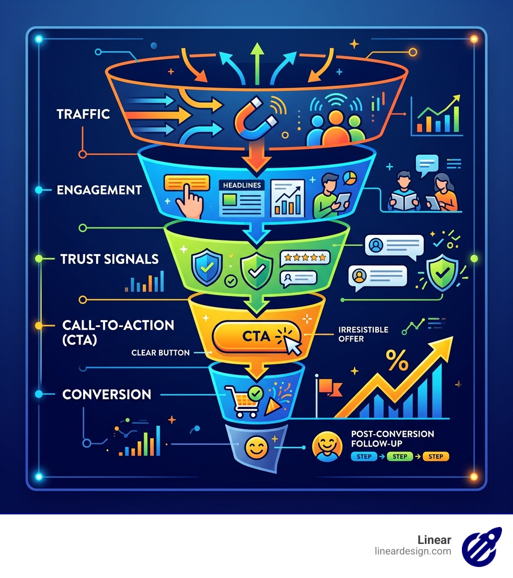 Landing page conversion funnel showing traffic, engagement, trust signals, CTA, and conversion stages - landing page design