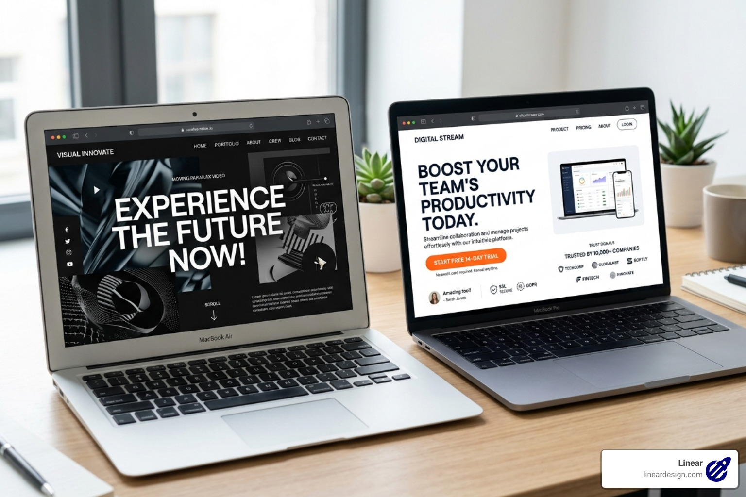Comparison of a cluttered "pretty" page versus a clean, conversion-optimized layout - landing page design experts