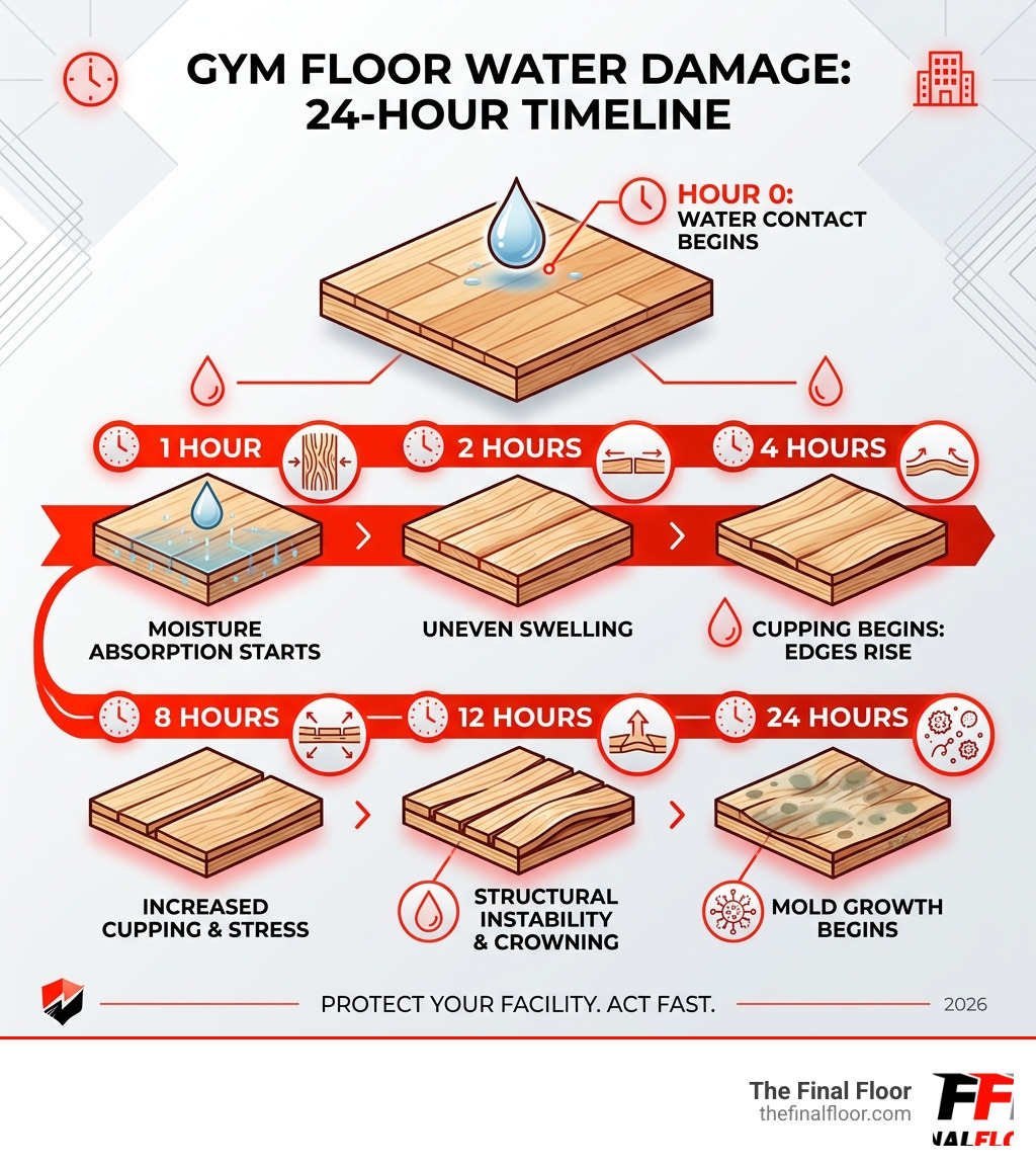 24-hour water damage timeline infographic for gym floors showing damage progression by hour - water damaged floors
