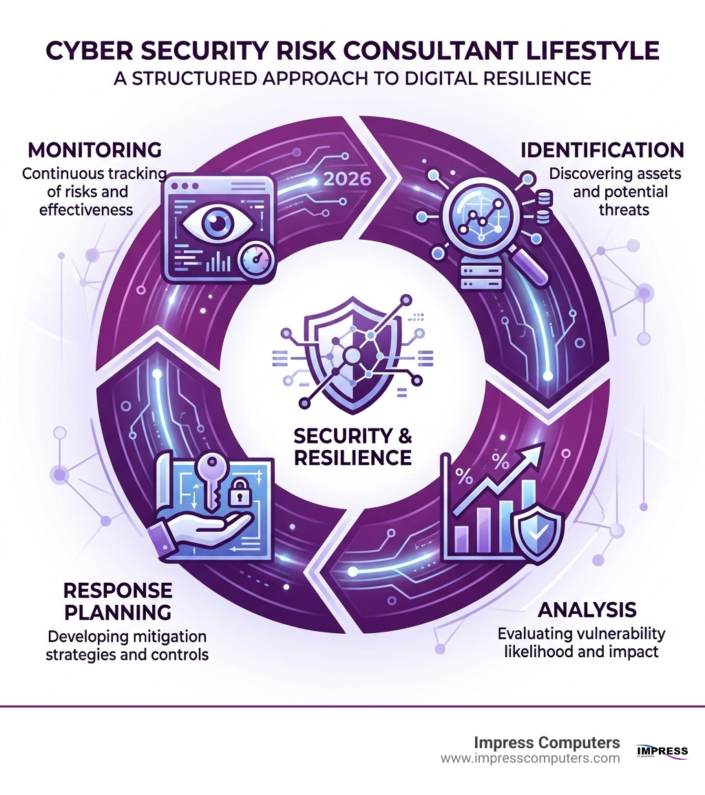Cyber risk assessment lifecycle infographic showing identification, analysis, response planning, and monitoring - cyber Cyber risk assessment lifecycle infographic showing identification, analysis, response planning, and monitoring - cyber