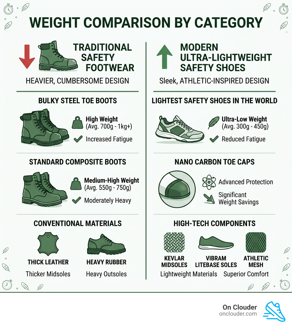 Infographic comparing weights of traditional steel-toe boots vs modern ultra-lightweight safety shoes by category - lightest