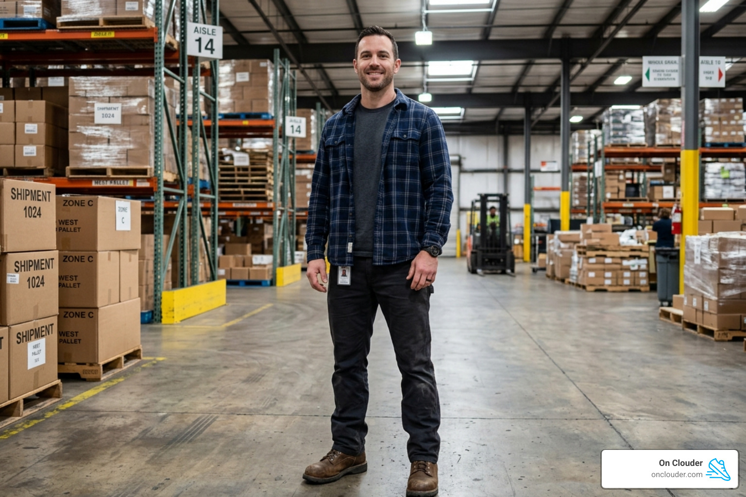 Worker standing on a concrete warehouse floor wearing comfortable soft toe boots - soft toe work boots