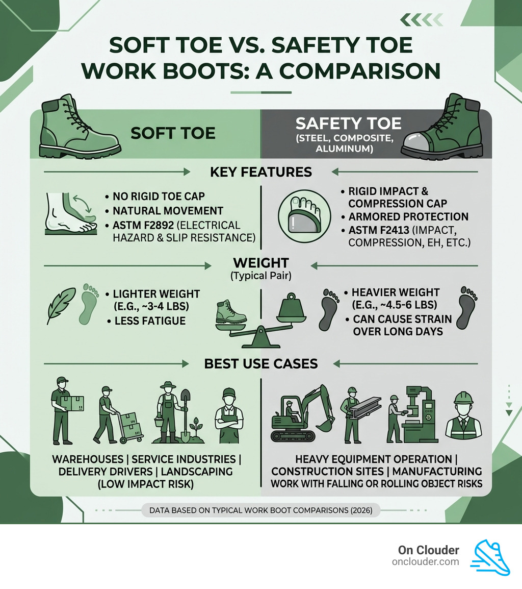 Infographic comparing soft toe vs safety toe work boots features, weight, and best use cases - soft toe work boots