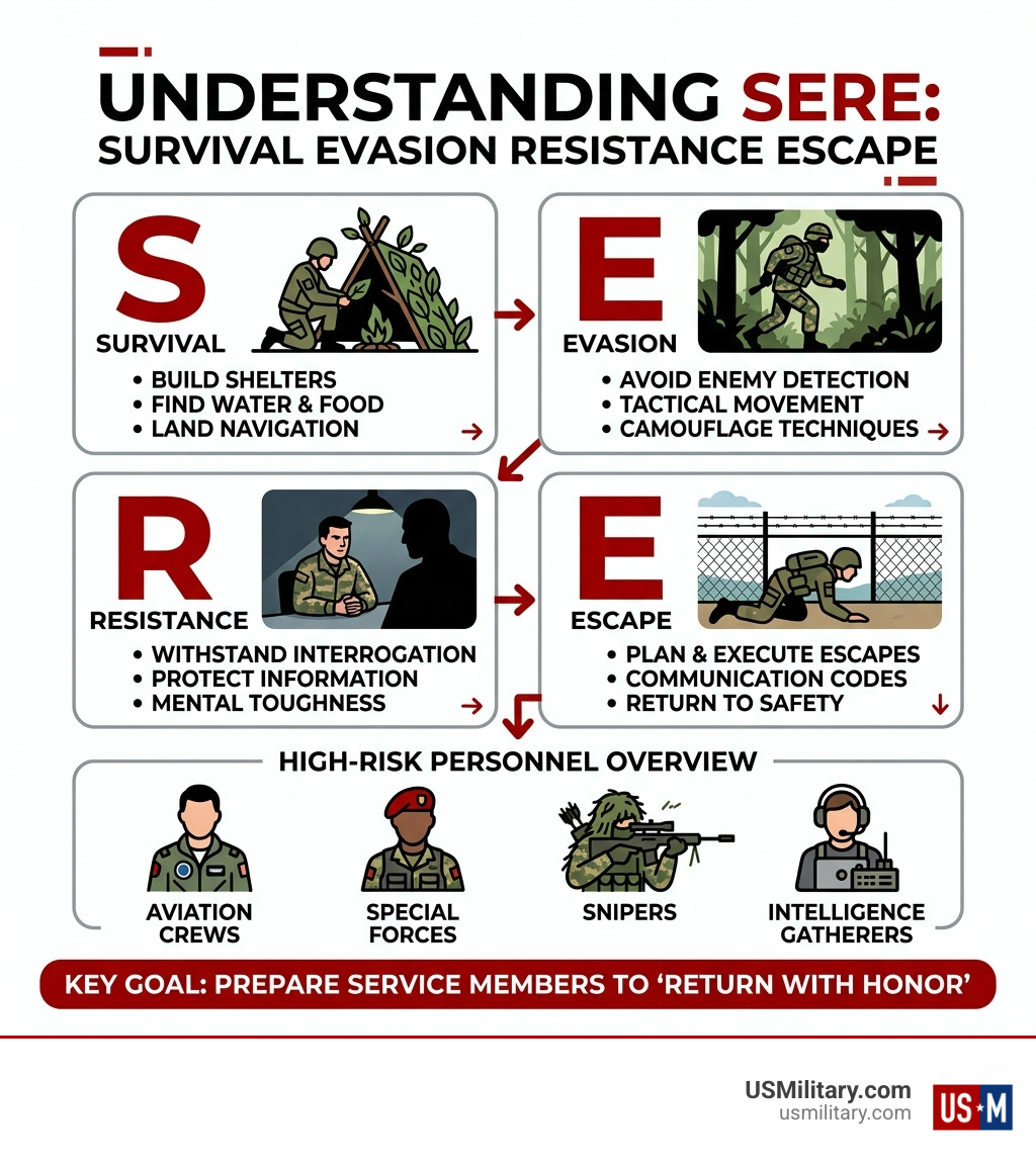 SERE acronym infographic showing Survival Evasion Resistance Escape phases and high-risk personnel overview - army sere SERE acronym infographic showing Survival Evasion Resistance Escape phases and high-risk personnel overview - army sere
