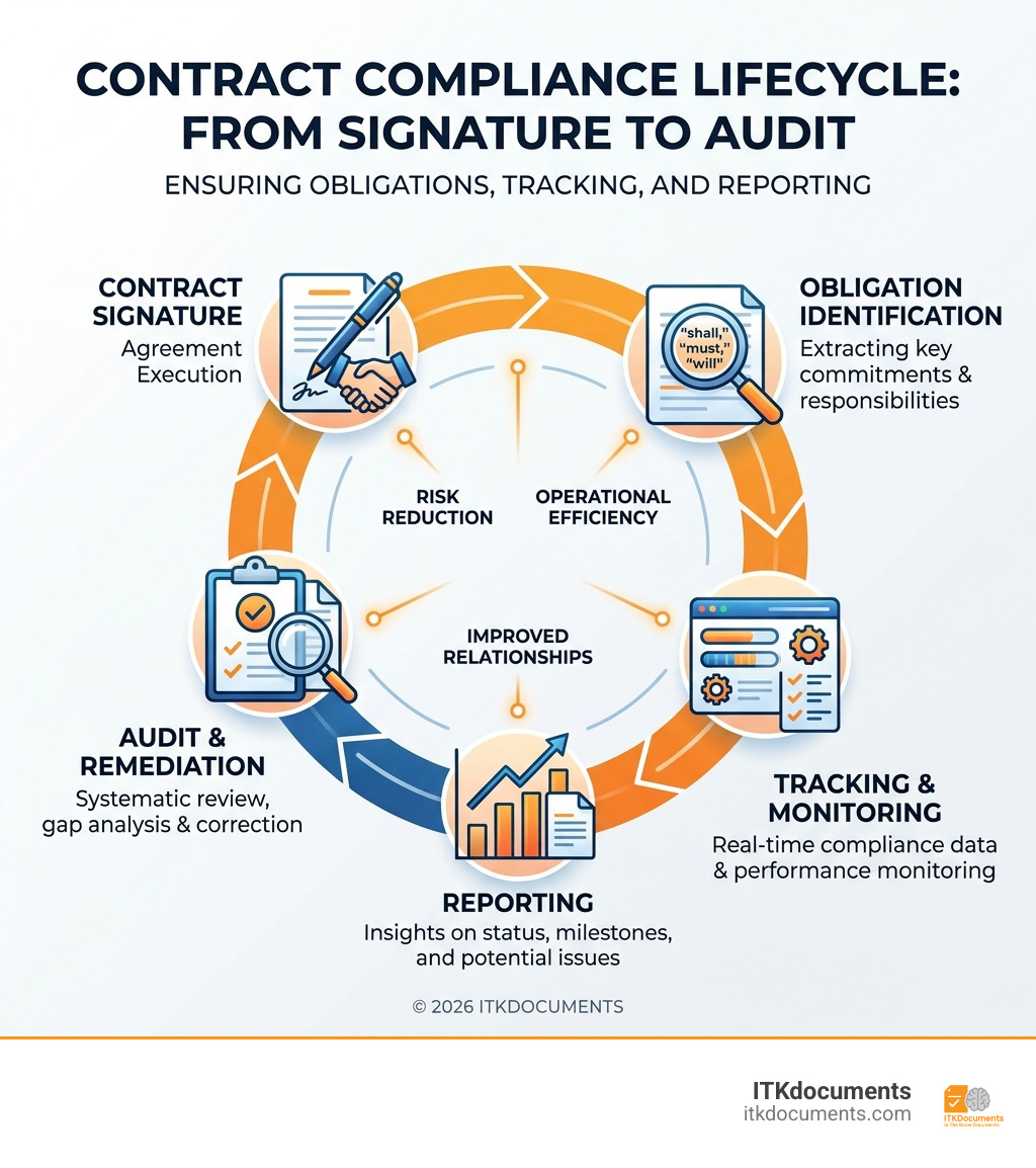 Contract compliance lifecycle from signature to audit including obligations, tracking, and reporting - contract compliance Contract compliance lifecycle from signature to audit including obligations, tracking, and reporting - contract compliance
