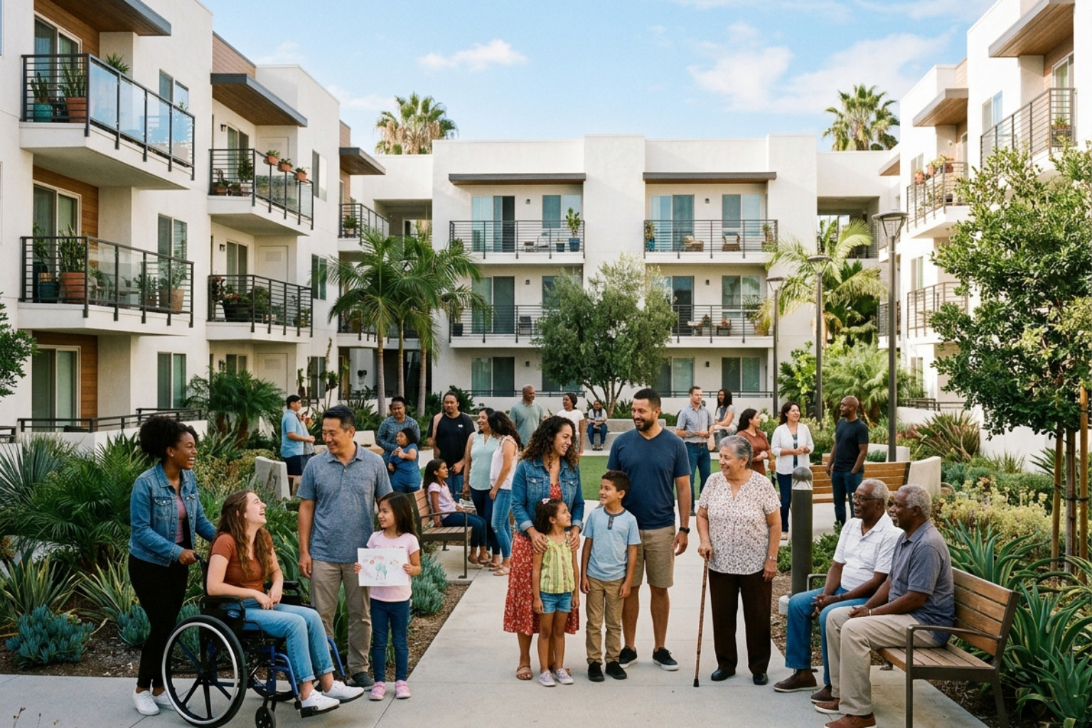Modern affordable housing complex in Southern California with diverse residents - thriving in place Modern affordable housing complex in Southern California with diverse residents - thriving in place