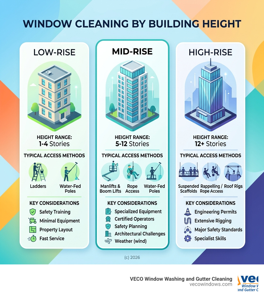 Infographic comparing low-rise, mid-rise, and high-rise window cleaning: height ranges, access methods, and key