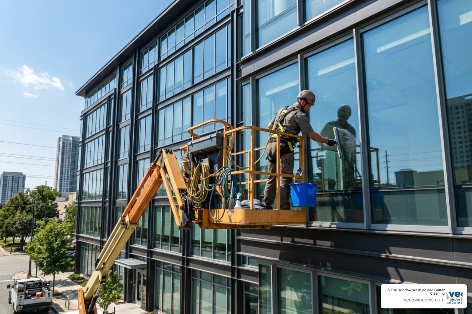 Technician in a boom lift basket cleaning windows of a modern mid-rise office building - mid rise window cleaning