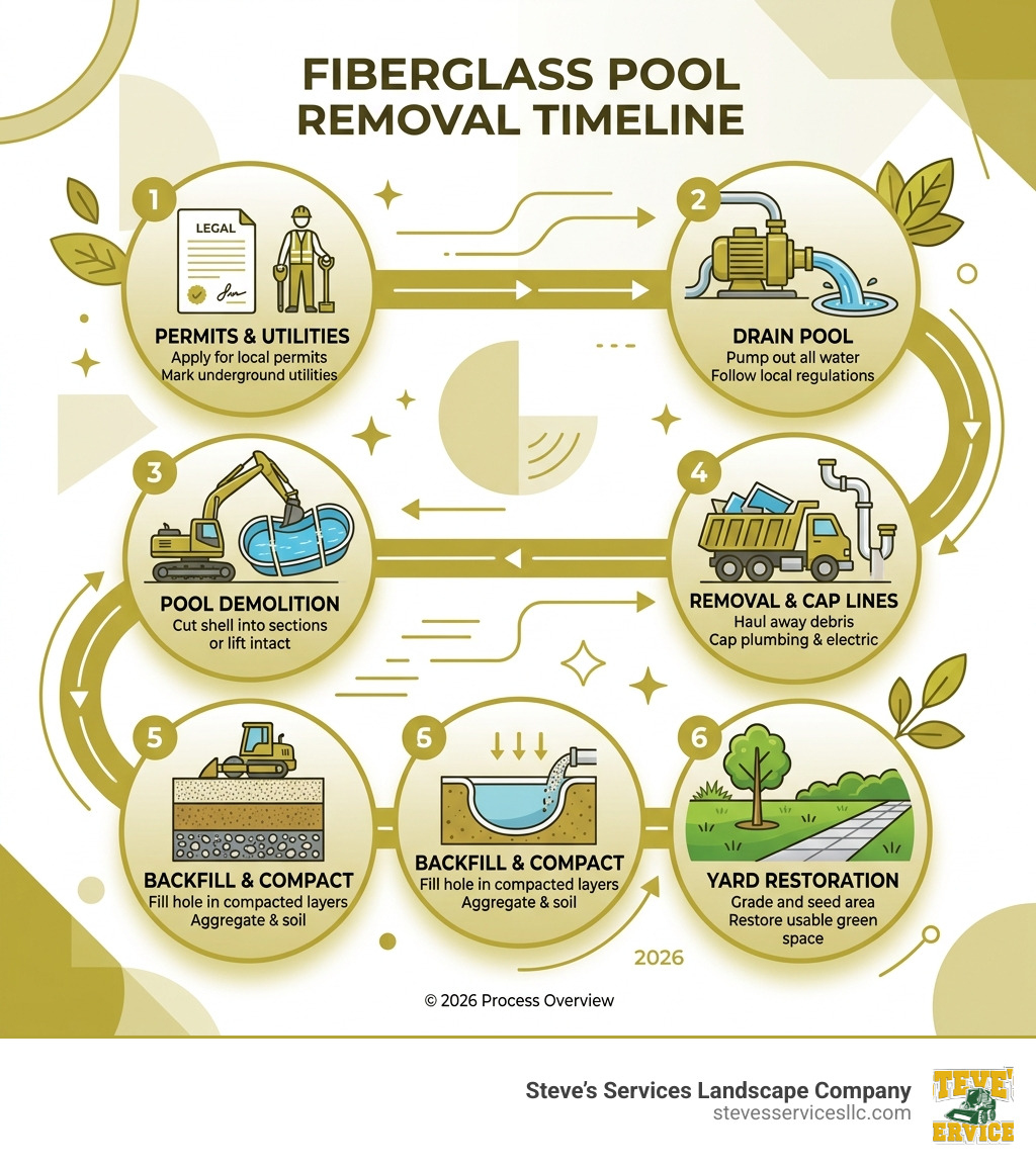 Fiberglass pool removal process timeline infographic showing steps from permits to yard restoration - fiberglass pool