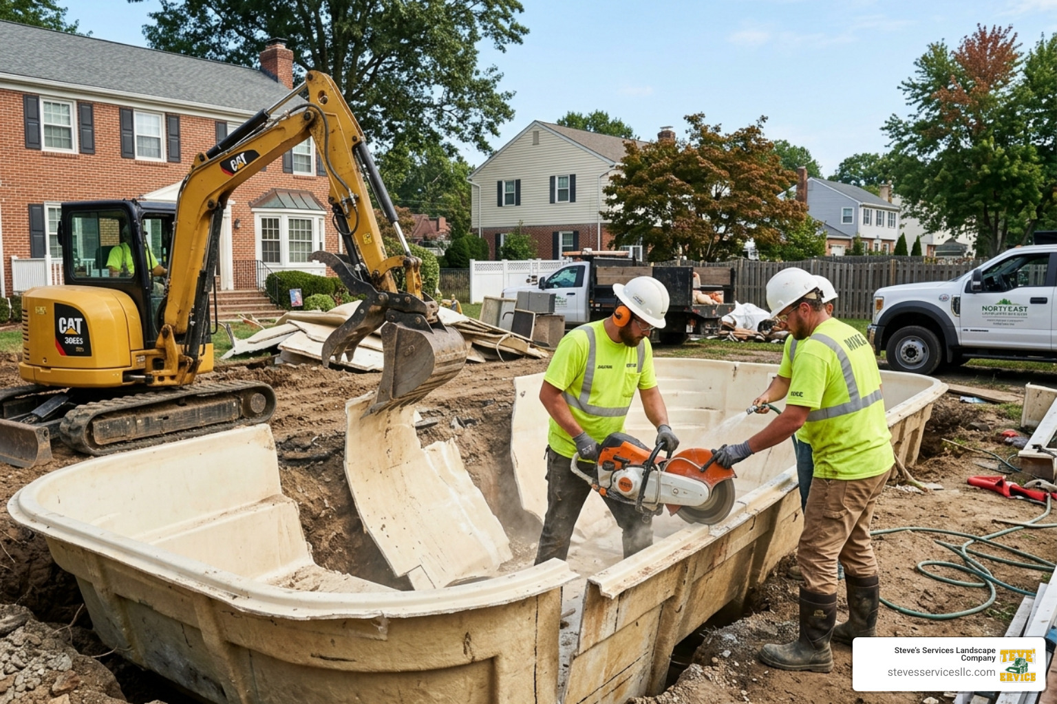High-quality professional landscape contractor imagery showing a fiberglass shell being cut into sections - fiberglass pool