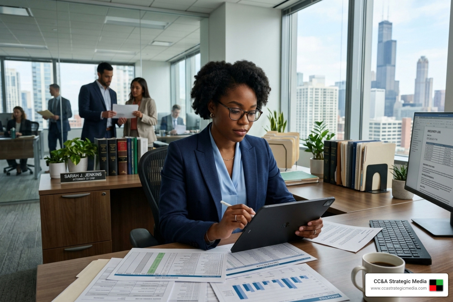 A confident woman attorney analyzing case data on a tablet - improve law firm efficiency A confident woman attorney analyzing case data on a tablet - improve law firm efficiency