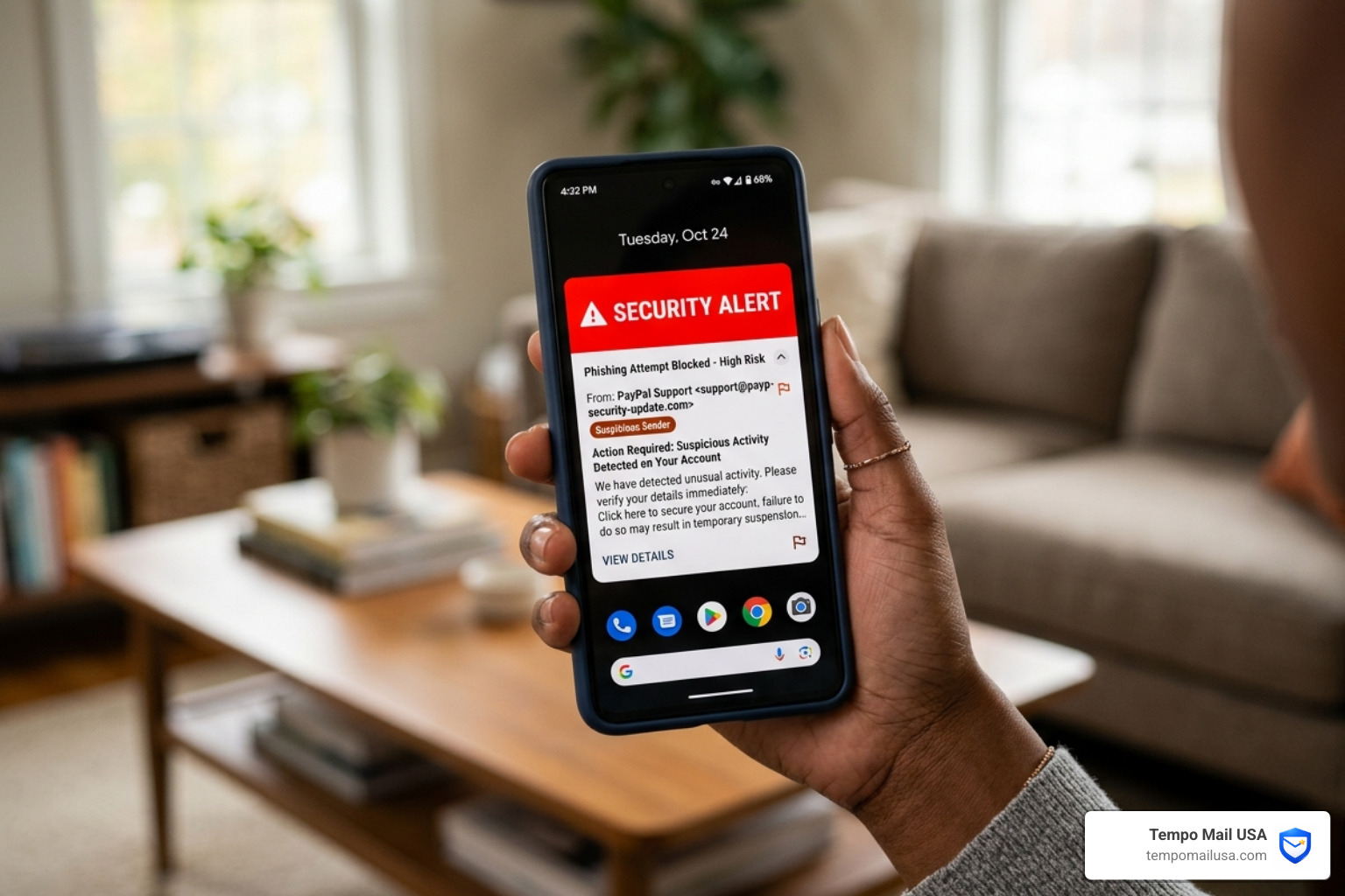 A phishing email notification appearing on a smartphone screen - janus henderson investors scam A phishing email notification appearing on a smartphone screen - janus henderson investors scam