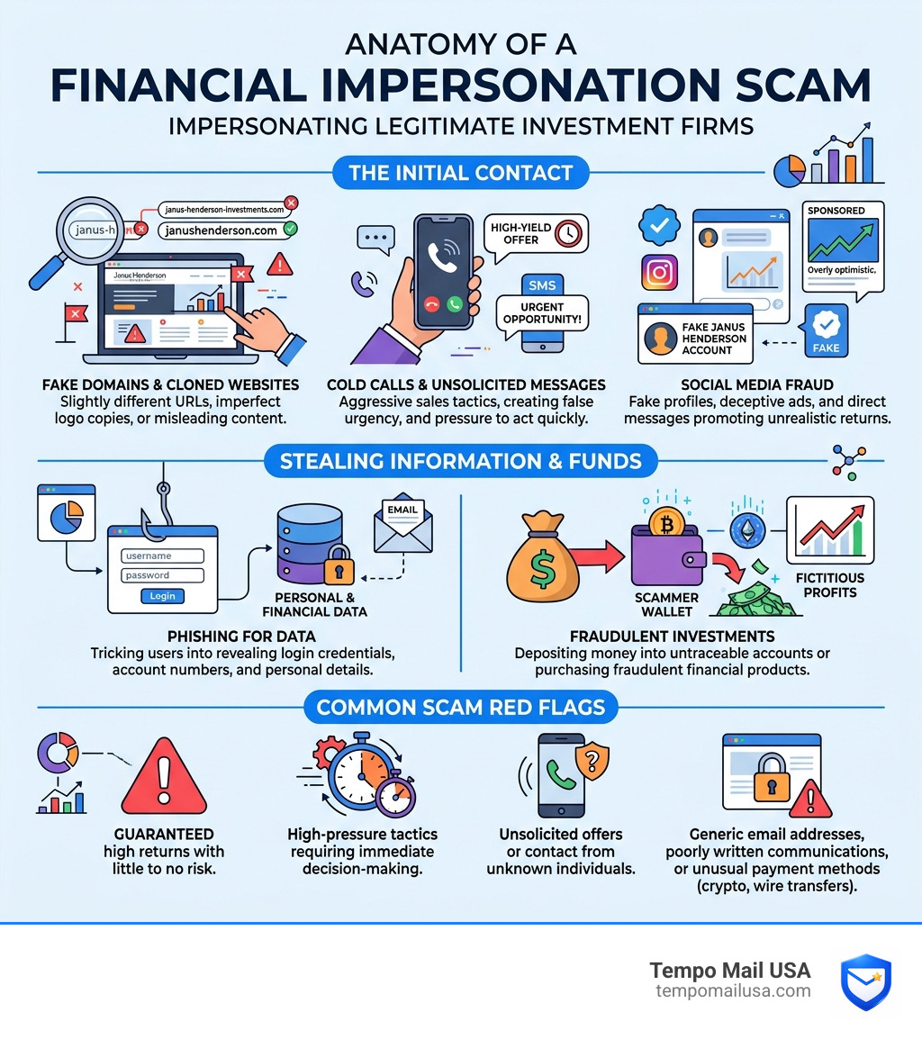 Anatomy of a modern financial impersonation scam showing fake domains, cold calls, and social media fraud tactics - janus Anatomy of a modern financial impersonation scam showing fake domains, cold calls, and social media fraud tactics - janus