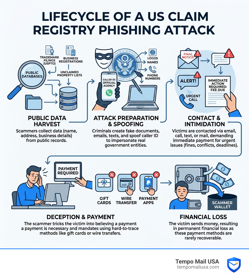 Lifecycle of a US claim registry phishing attack from public data harvest to financial loss - us claim registry scam Lifecycle of a US claim registry phishing attack from public data harvest to financial loss - us claim registry scam