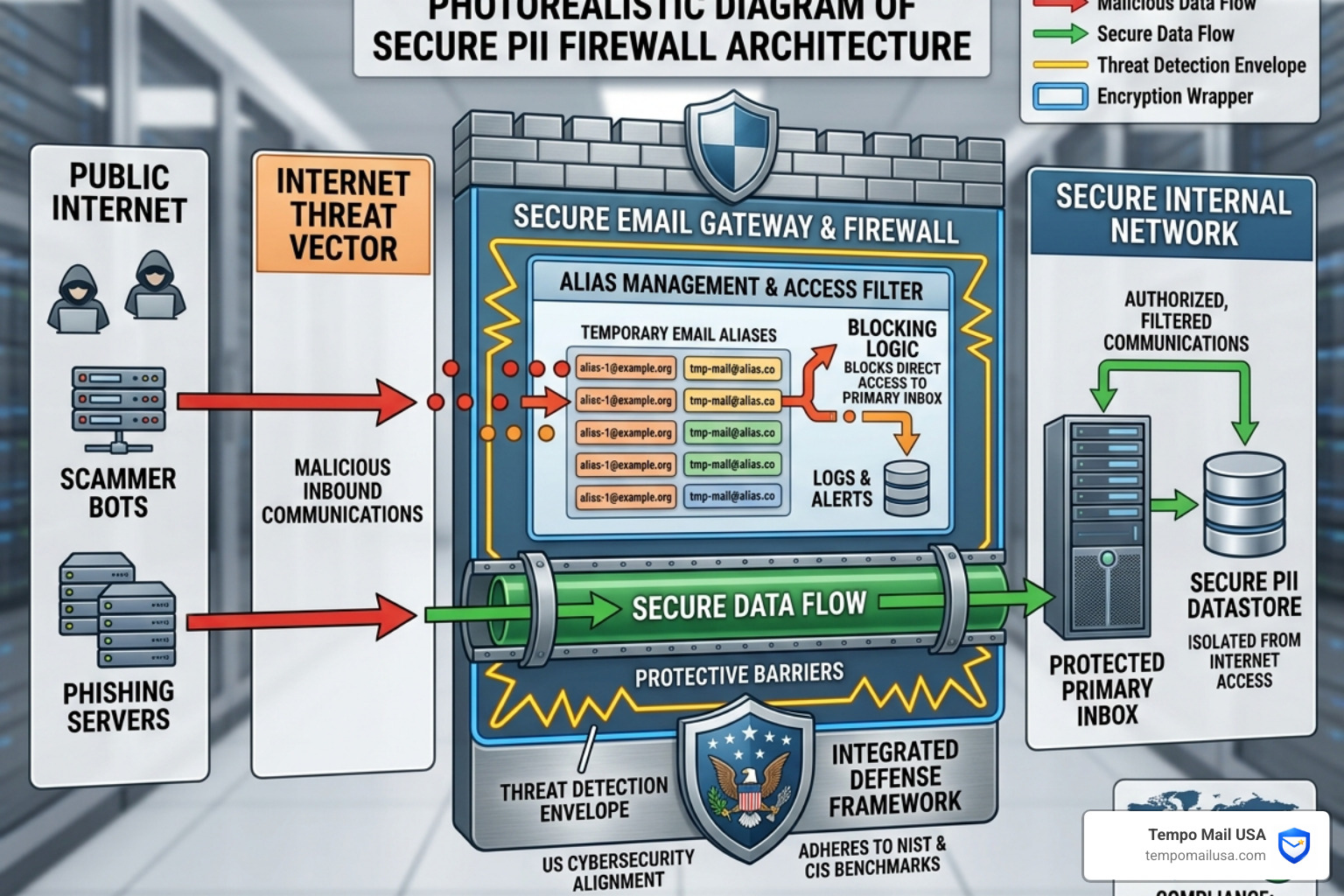 Secure PII firewall architecture showing how temporary emails block scammers - us claim registry scam Secure PII firewall architecture showing how temporary emails block scammers - us claim registry scam