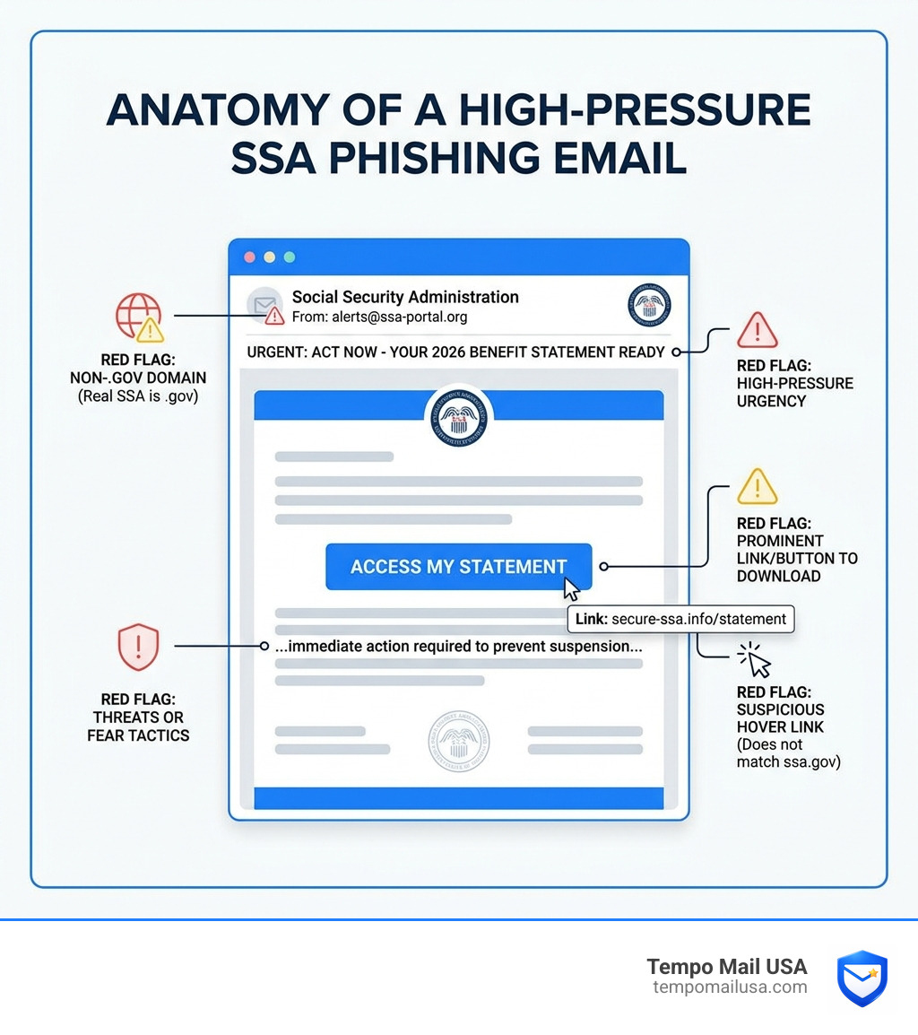 Anatomy of a high-pressure SSA phishing email infographic showing warning signs - ssa imposter scam emails infographic Anatomy of a high-pressure SSA phishing email infographic showing warning signs - ssa imposter scam emails infographic