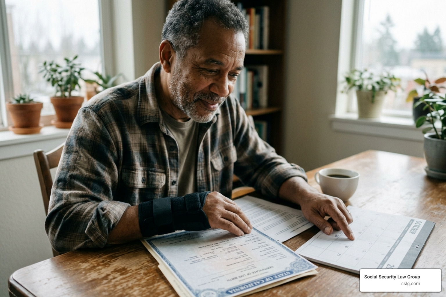 Man in his 60s with a wrist brace looking at a birth certificate and a 2026 calendar - ssdi payment dates Man in his 60s with a wrist brace looking at a birth certificate and a 2026 calendar - ssdi payment dates