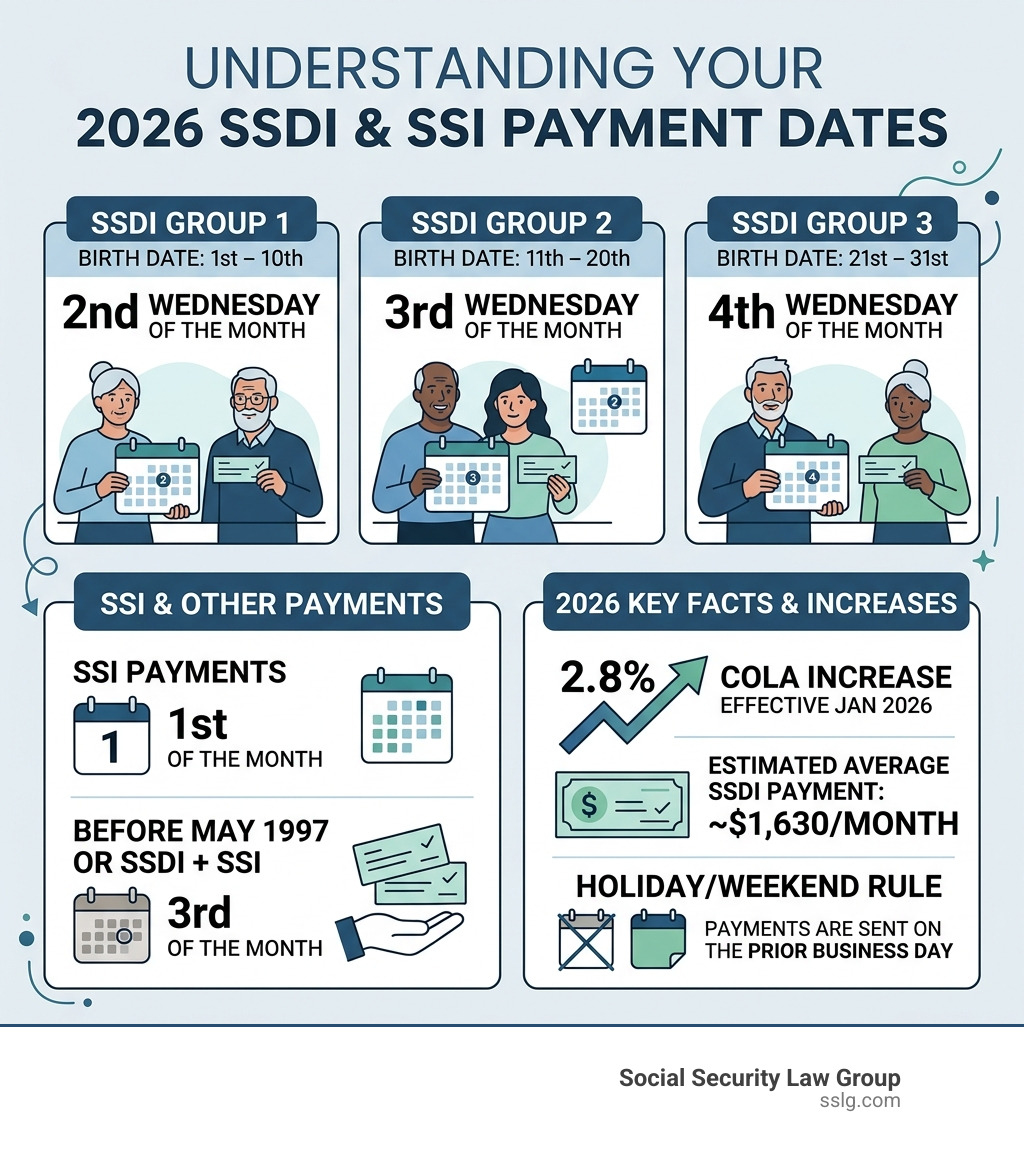 Infographic showing 2026 SSDI payment cycle by birth date group, SSI dates, and COLA increase - ssdi payment dates Infographic showing 2026 SSDI payment cycle by birth date group, SSI dates, and COLA increase - ssdi payment dates