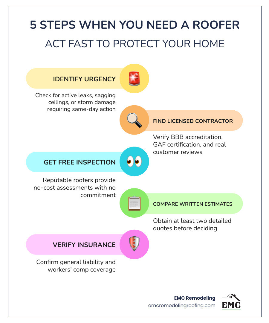 Infographic: 5 steps to take when you need a roofer - identify urgency, find licensed contractor, get free inspection