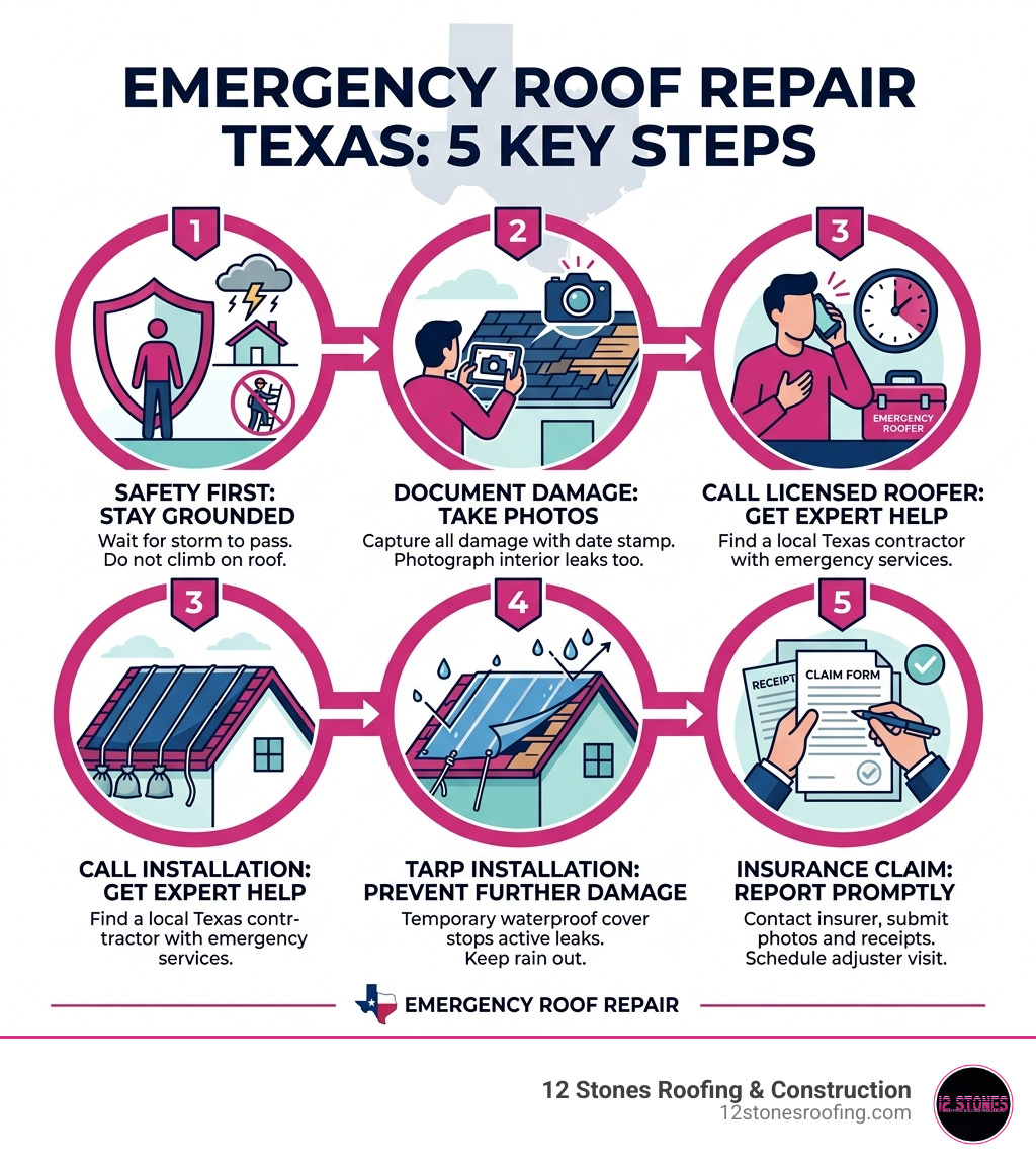 Emergency roof repair Texas steps infographic: safety first, document damage, call roofer, tarp installation, insurance