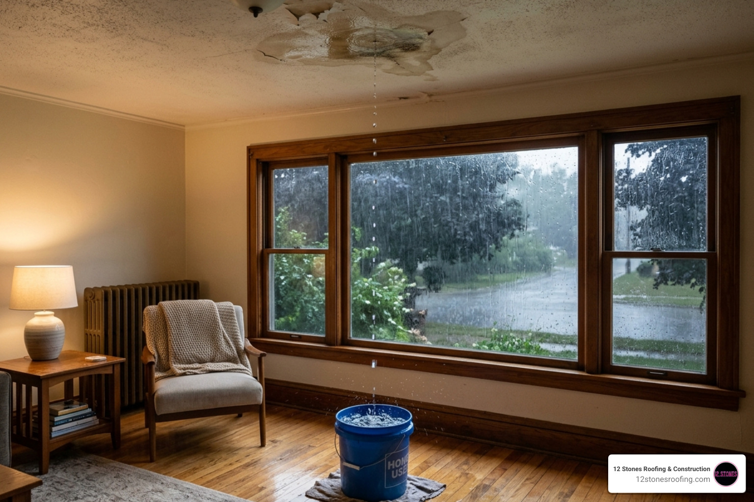 active indoor ceiling leak during a storm - emergency roof repair Texas