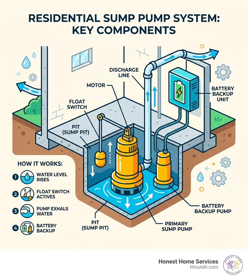 Infographic showing residential sump pump system components including pit, float switch, motor, discharge line, and battery Infographic showing residential sump pump system components including pit, float switch, motor, discharge line, and battery