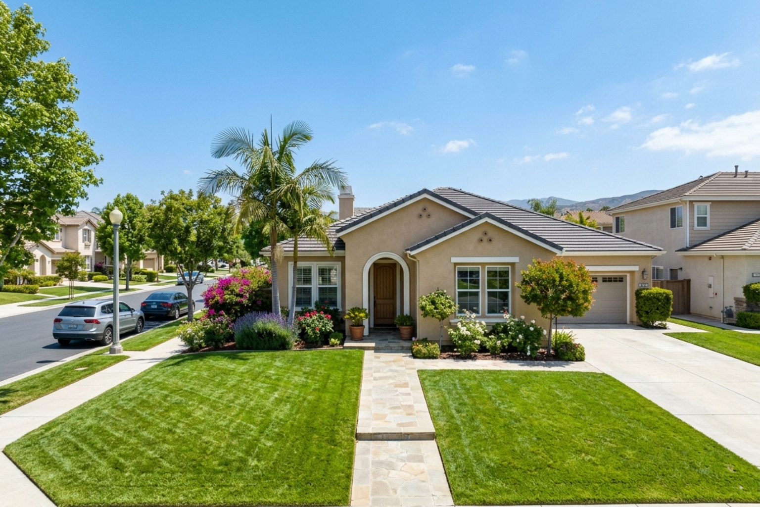 A beautiful suburban home in Southern California with a manicured lawn - veteran home buying assistance