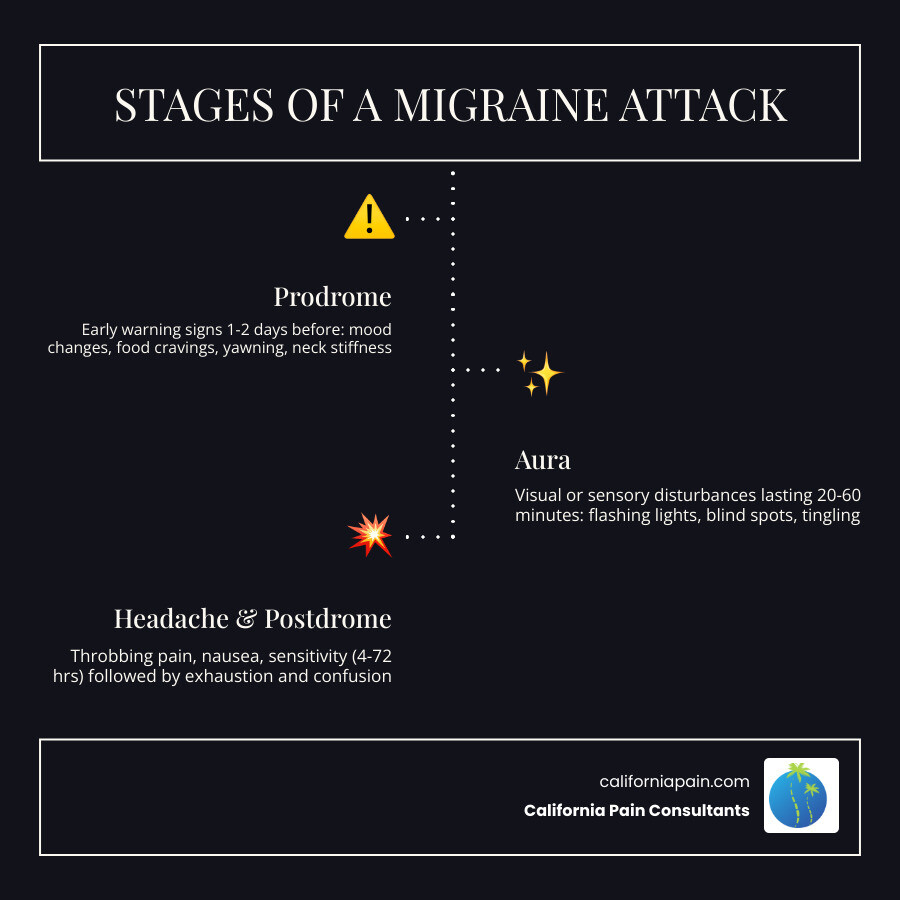 Stages of a migraine attack including prodrome, aura, headache, and postdrome phases with key symptoms - Holistic migraine