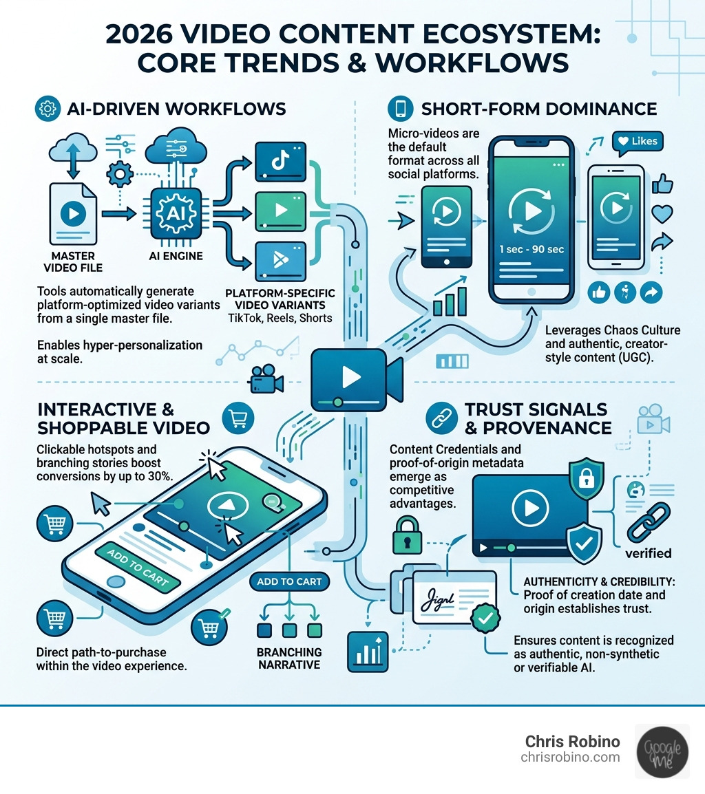 2026 video content ecosystem infographic showing AI workflows short-form dominance interactivity and trust signals - Video