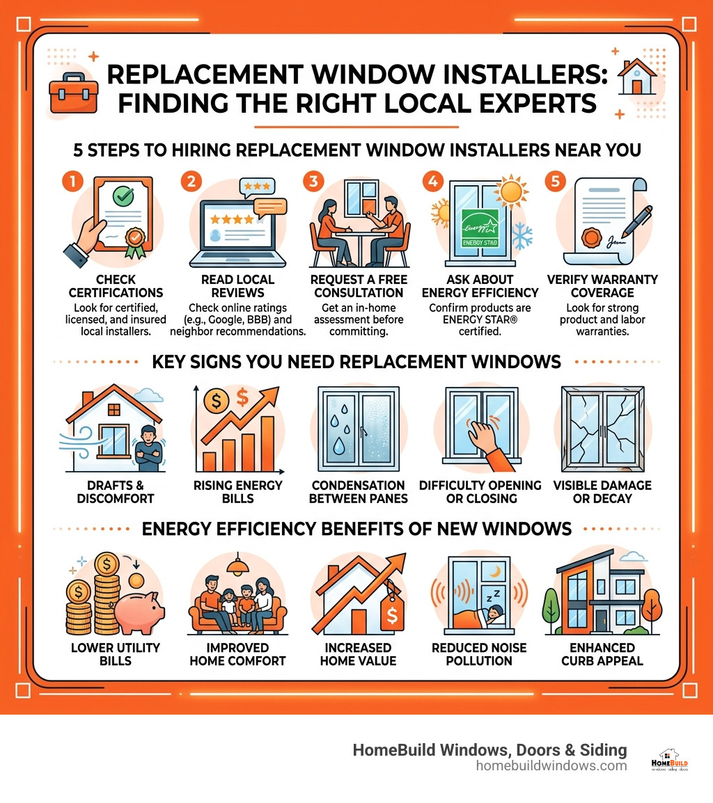 Infographic showing 5 steps to hiring replacement window installers near me, key signs to replace, and energy efficiency